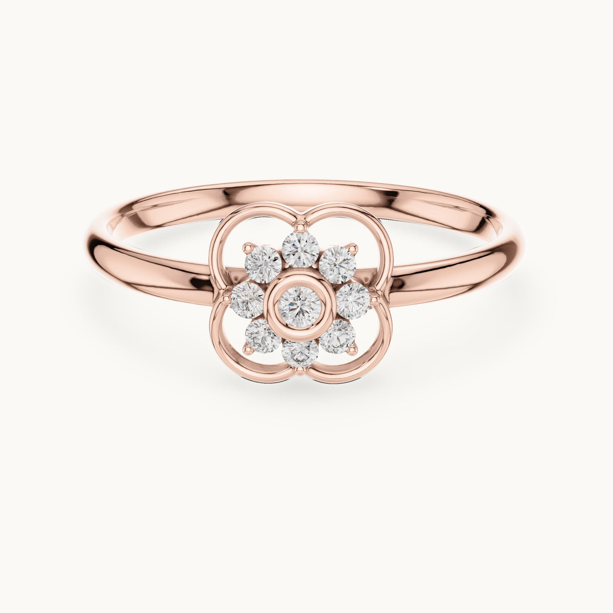 Round lab-grown diamond quatrefoil flower cluster ring in rose gold, 0.076 CT TW, view 4