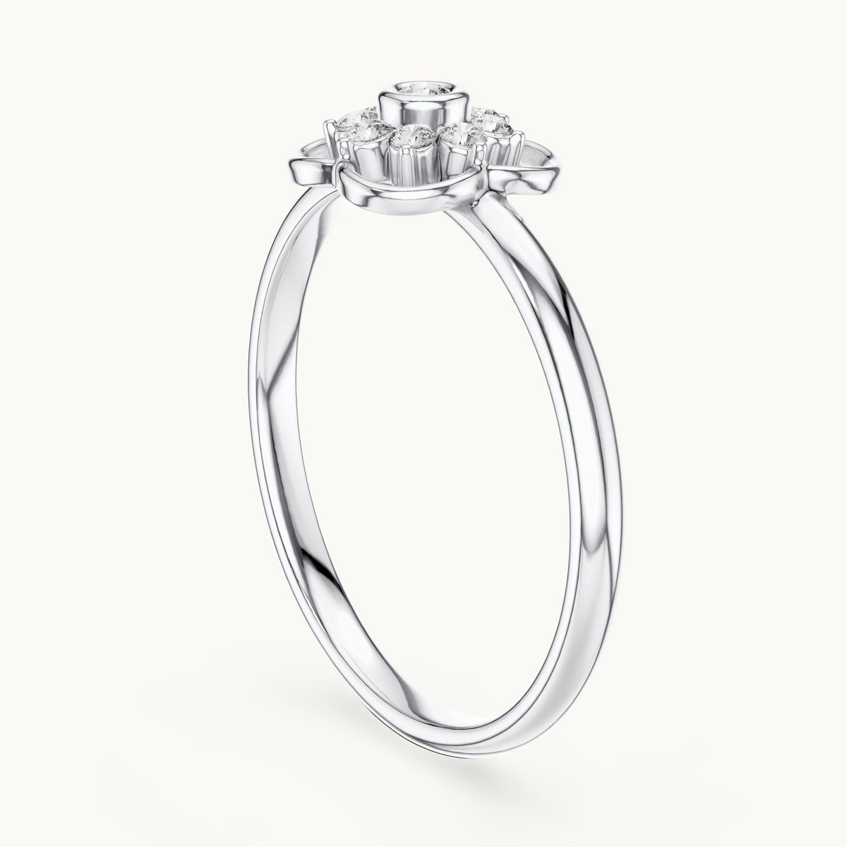 Round lab-grown diamond quatrefoil flower cluster ring in white gold, 0.076 CT TW, view 1