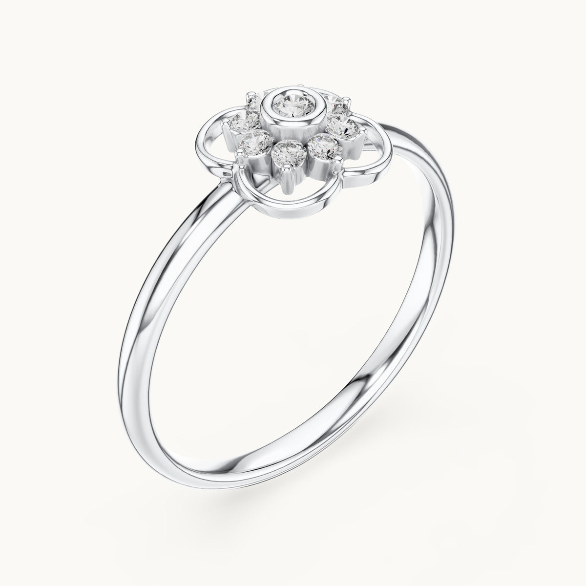 Round lab-grown diamond quatrefoil flower cluster ring in white gold, 0.076 CT TW, view 2