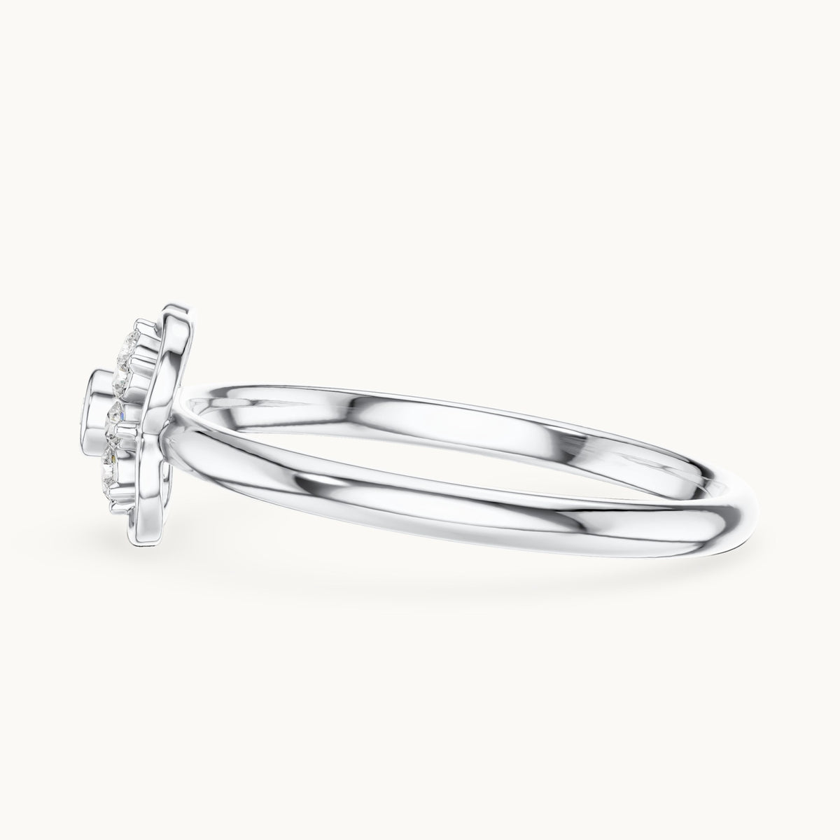 Round lab-grown diamond quatrefoil flower cluster ring in white gold, 0.076 CT TW, view 3