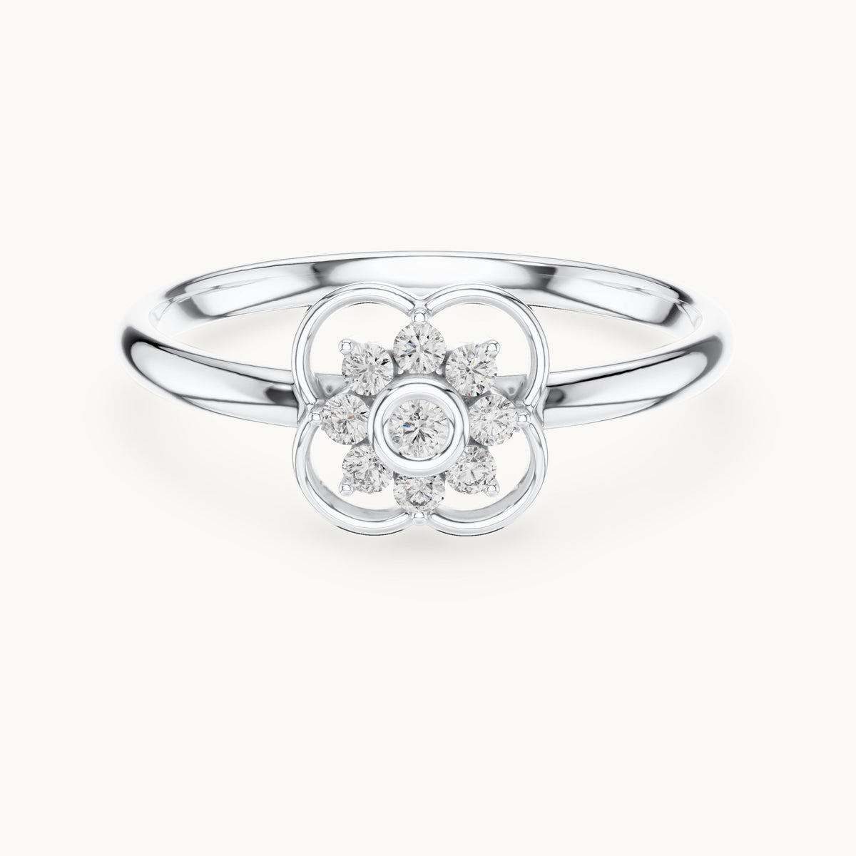 Round lab-grown diamond quatrefoil flower cluster ring in white gold, 0.076 CT TW, view 4