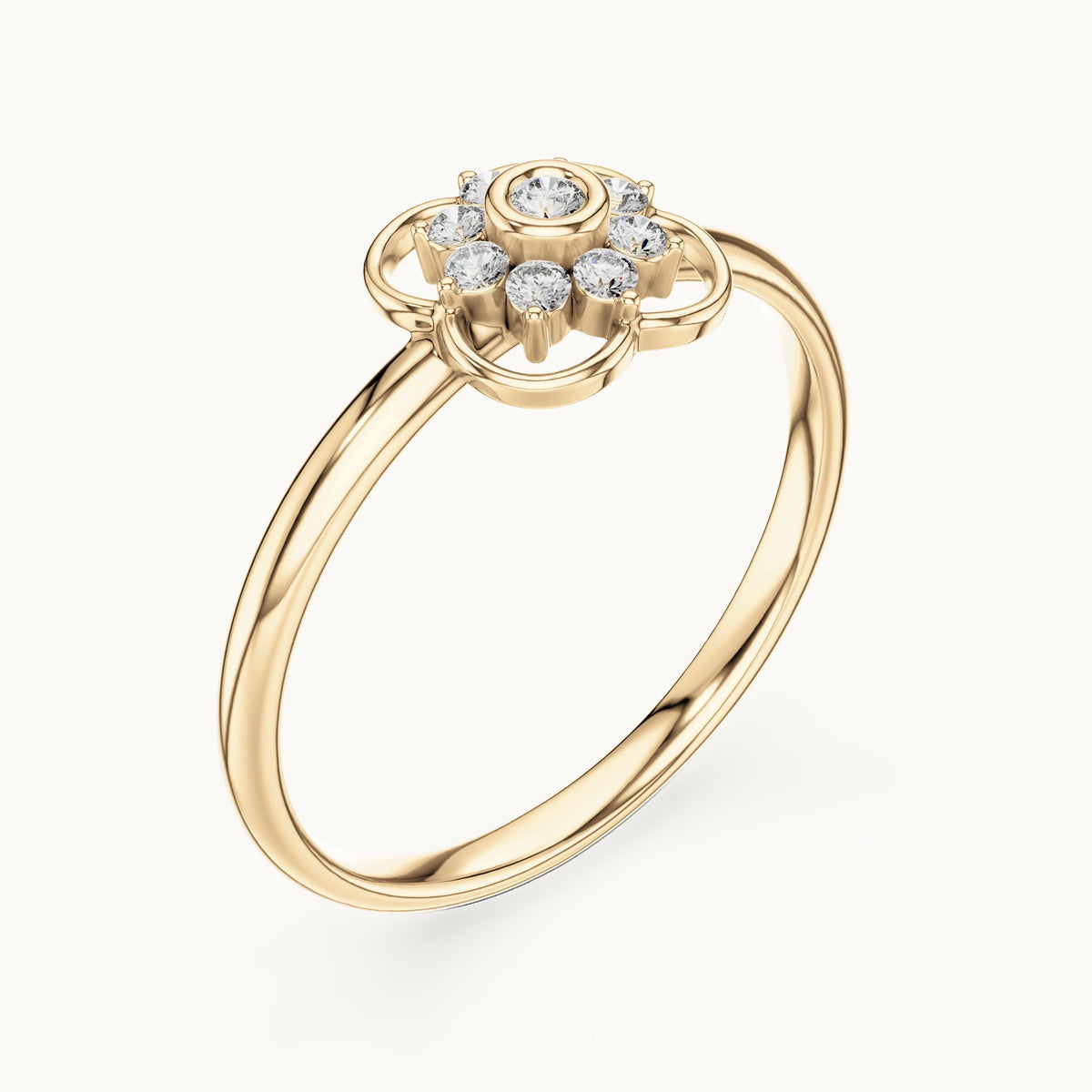 Round lab-grown diamond quatrefoil flower cluster ring in yellow gold, 0.076 CT TW, view 2