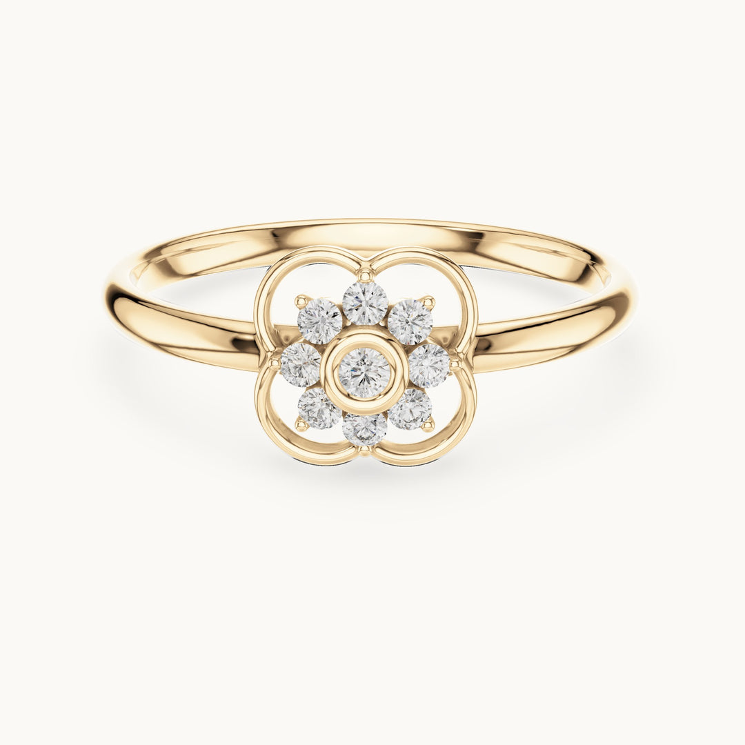 Round lab-grown diamond quatrefoil flower cluster ring in yellow gold, 0.076 CT TW, view 4
