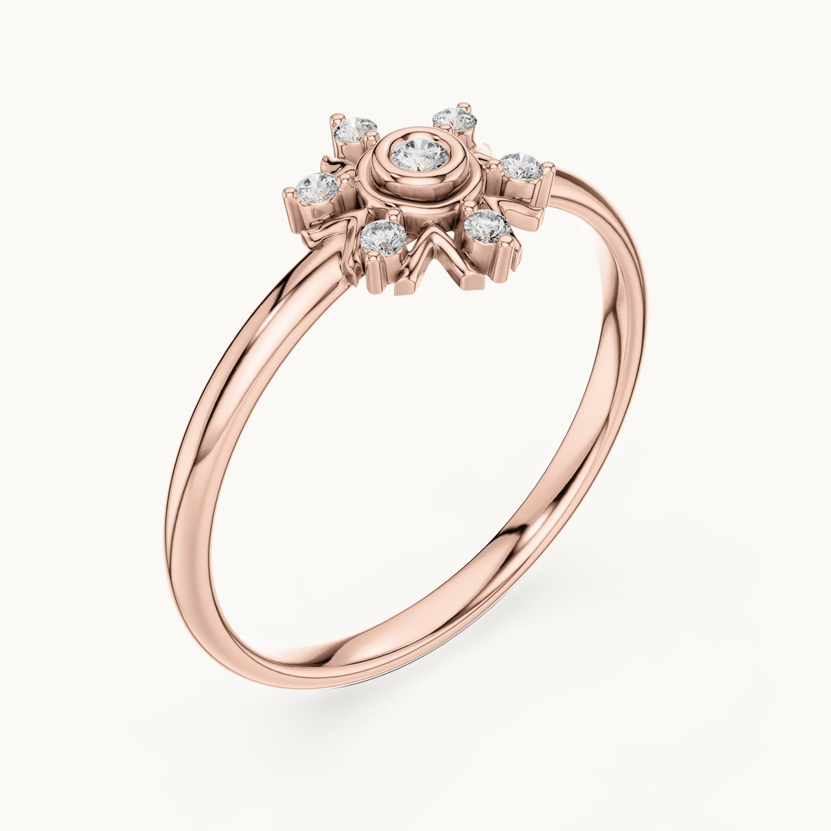 Round lab-grown diamond six-point starburst cluster ring in rose gold, 0.048 CT TW, view 2