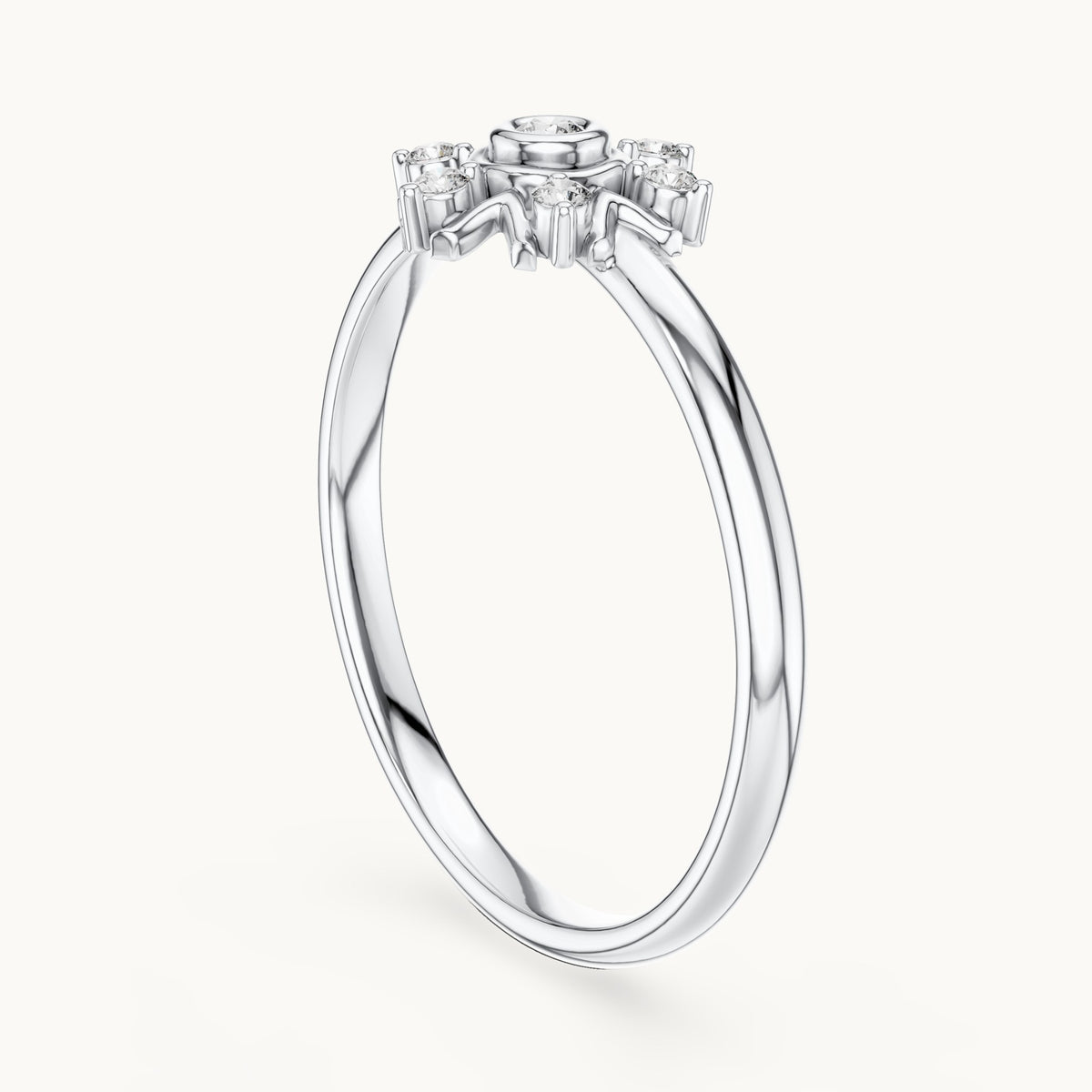 Round lab-grown diamond six-point starburst cluster ring in white gold, 0.048 CT TW, view 1