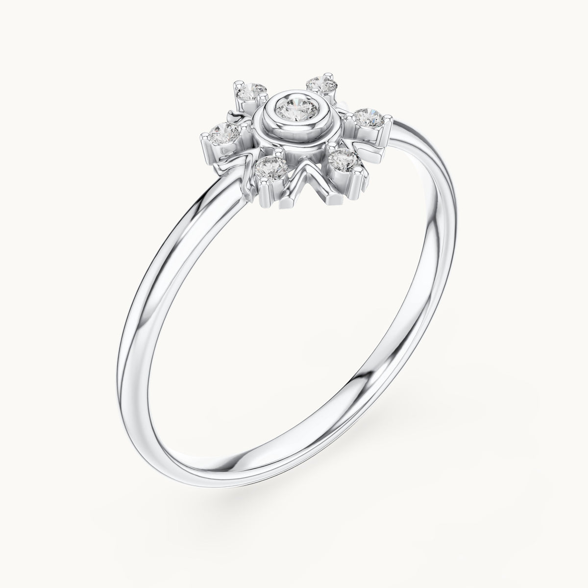 Round lab-grown diamond six-point starburst cluster ring in white gold, 0.048 CT TW, view 2