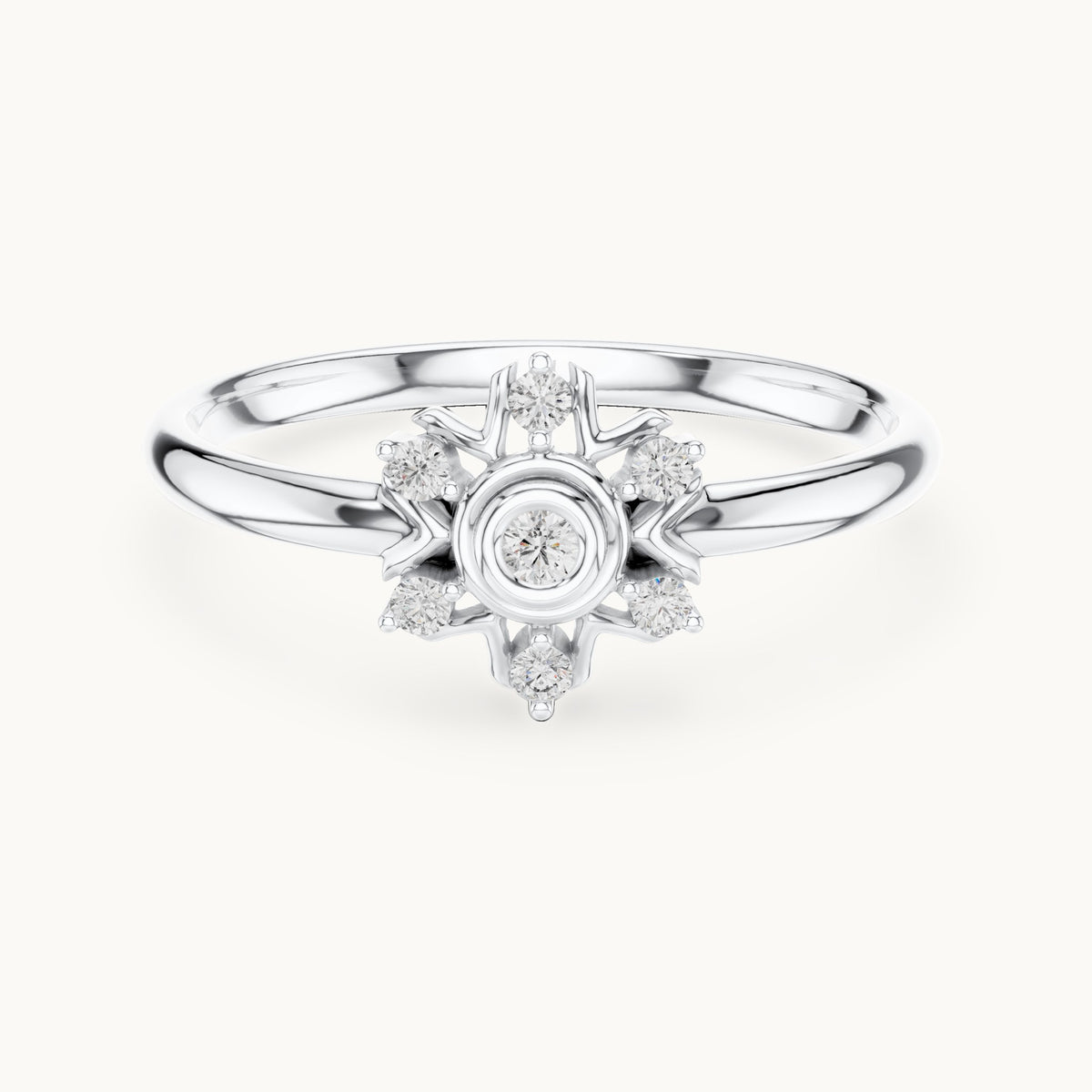Round lab-grown diamond six-point starburst cluster ring in white gold, 0.048 CT TW, view 4