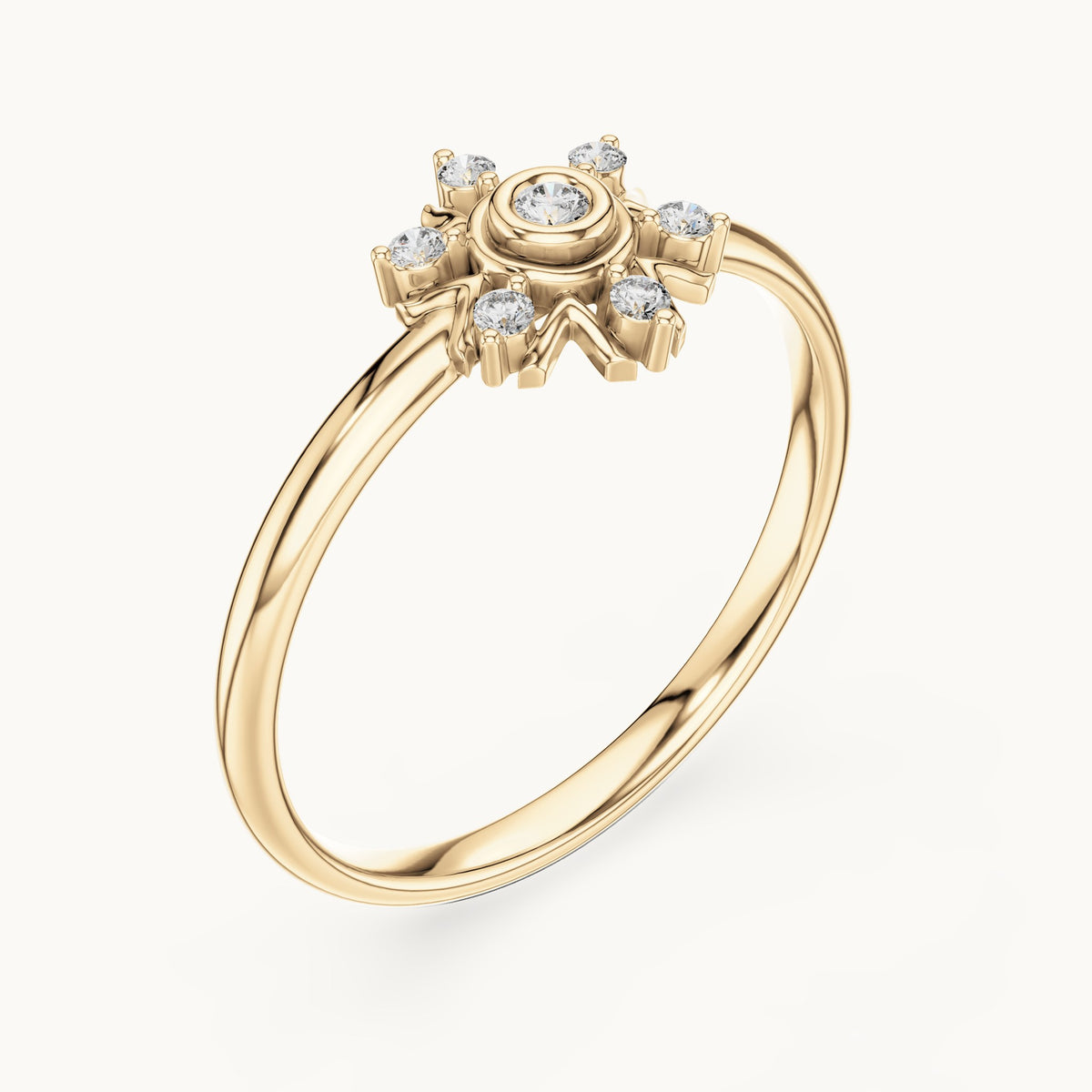 Round lab-grown diamond six-point starburst cluster ring in yellow gold, 0.048 CT TW, view 2
