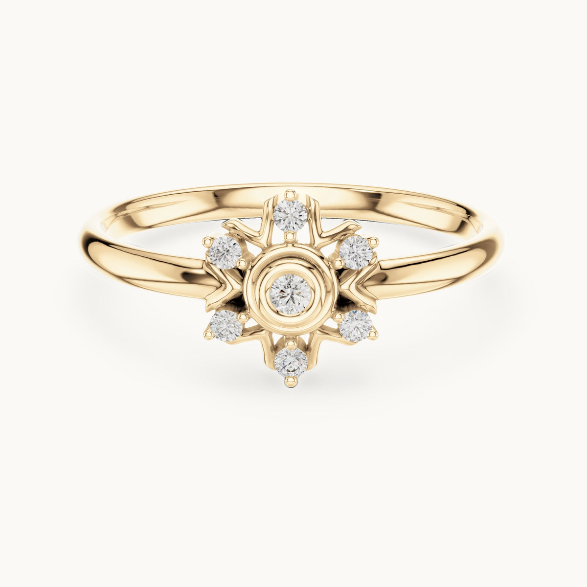 Round lab-grown diamond six-point starburst cluster ring in yellow gold, 0.048 CT TW, view 4