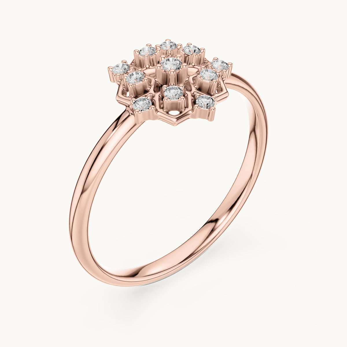 Round lab-grown diamond hexagon lattice ring in rose gold, 0.07 CT TW, view 2