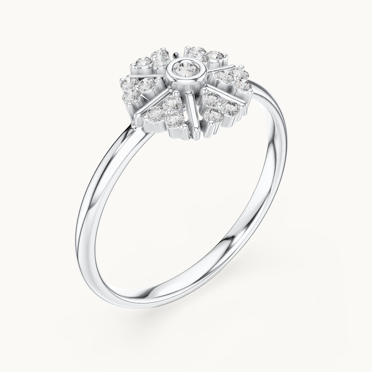 Round lab-grown diamond wheel cluster ring in white gold, 0.12 CT TW, view 2