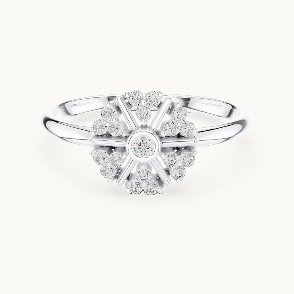 Round lab-grown diamond wheel cluster ring in white gold, 0.12 CT TW, view 4