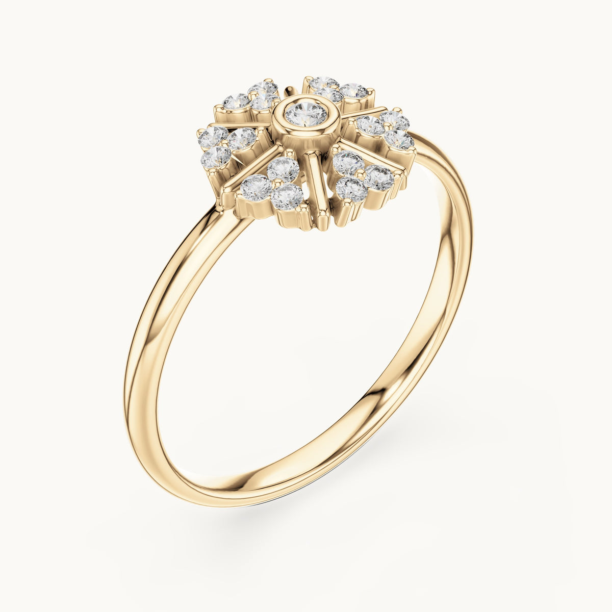 Round lab-grown diamond wheel cluster ring in yellow gold, 0.12 CT TW, view 2