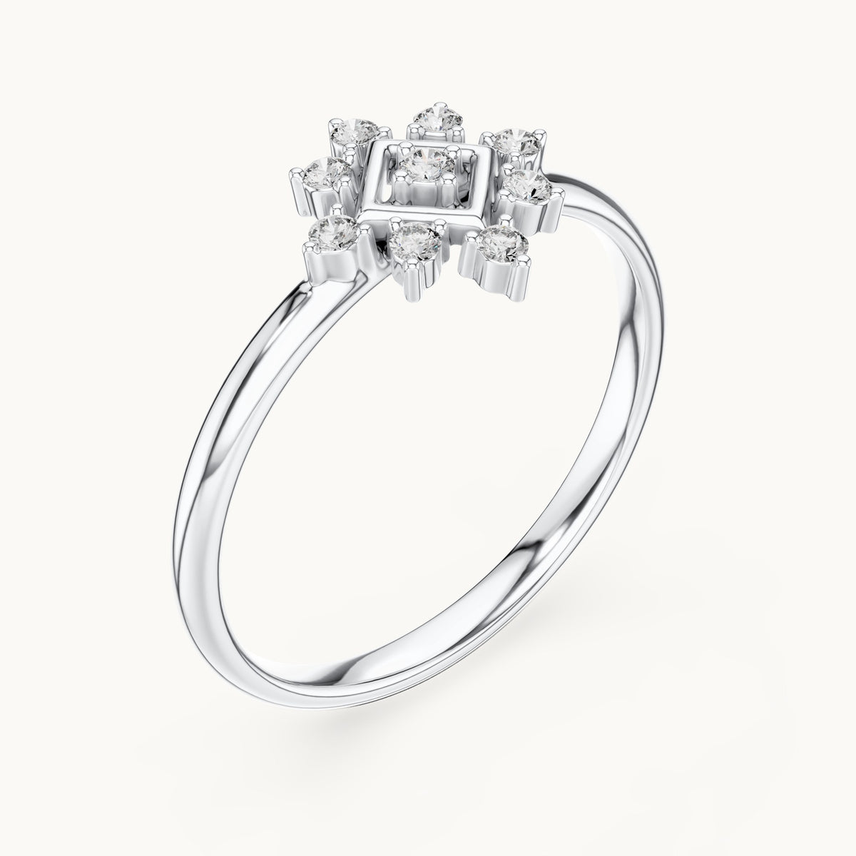 Round lab-grown diamond square frame starburst ring in white gold, 0.074 CT TW, view 2