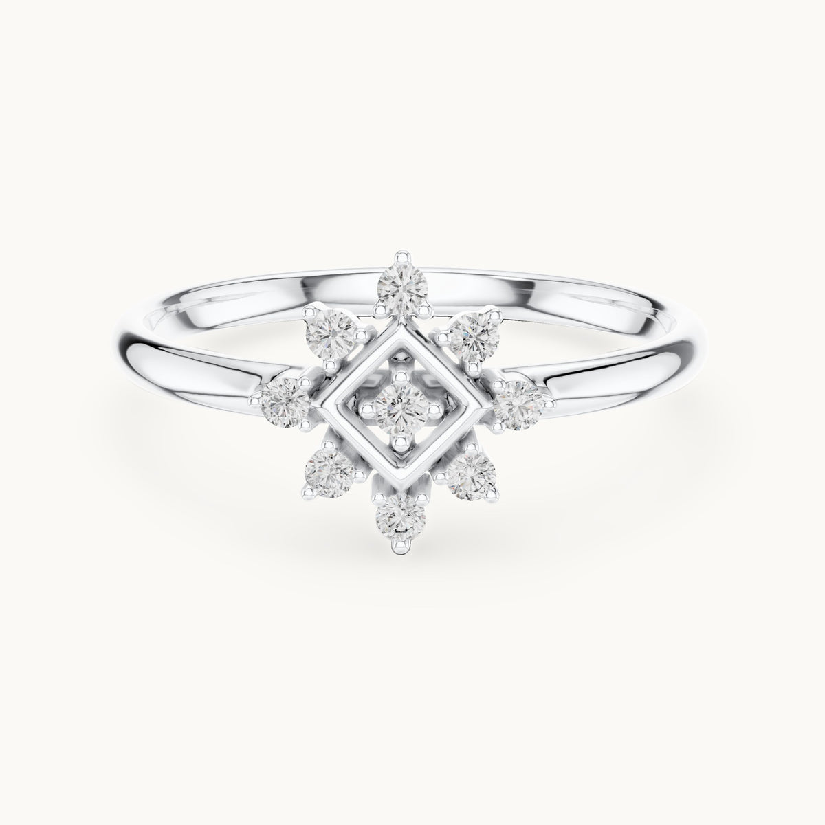 Round lab-grown diamond square frame starburst ring in white gold, 0.074 CT TW, view 4