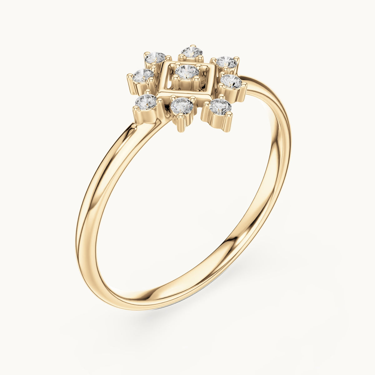 Round lab-grown diamond square frame starburst ring in yellow gold, 0.074 CT TW, view 2