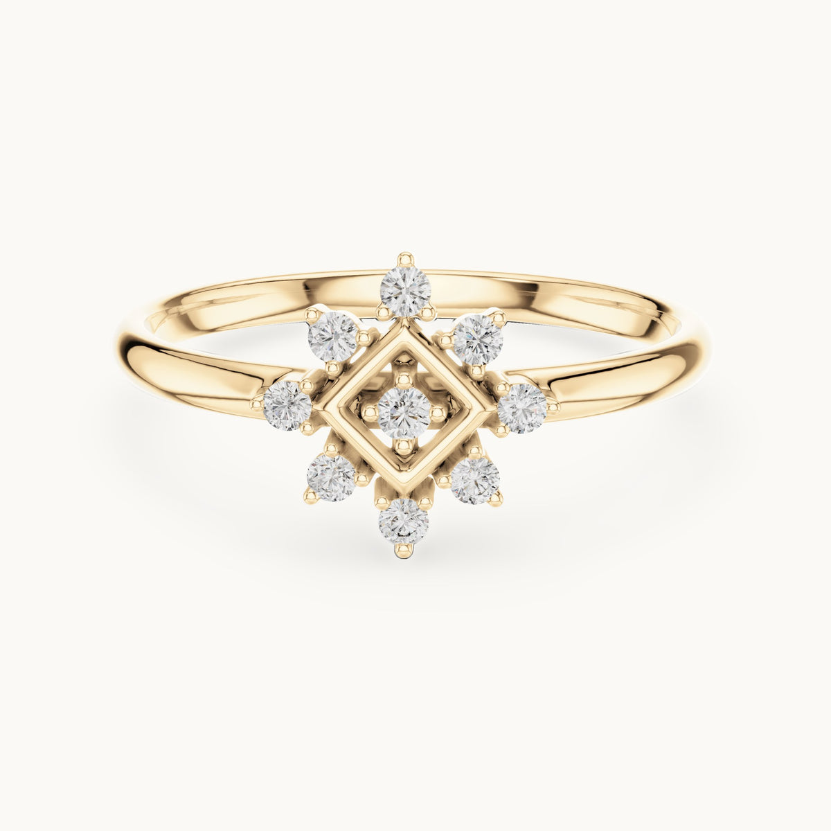 Round lab-grown diamond square frame starburst ring in yellow gold, 0.074 CT TW, view 4