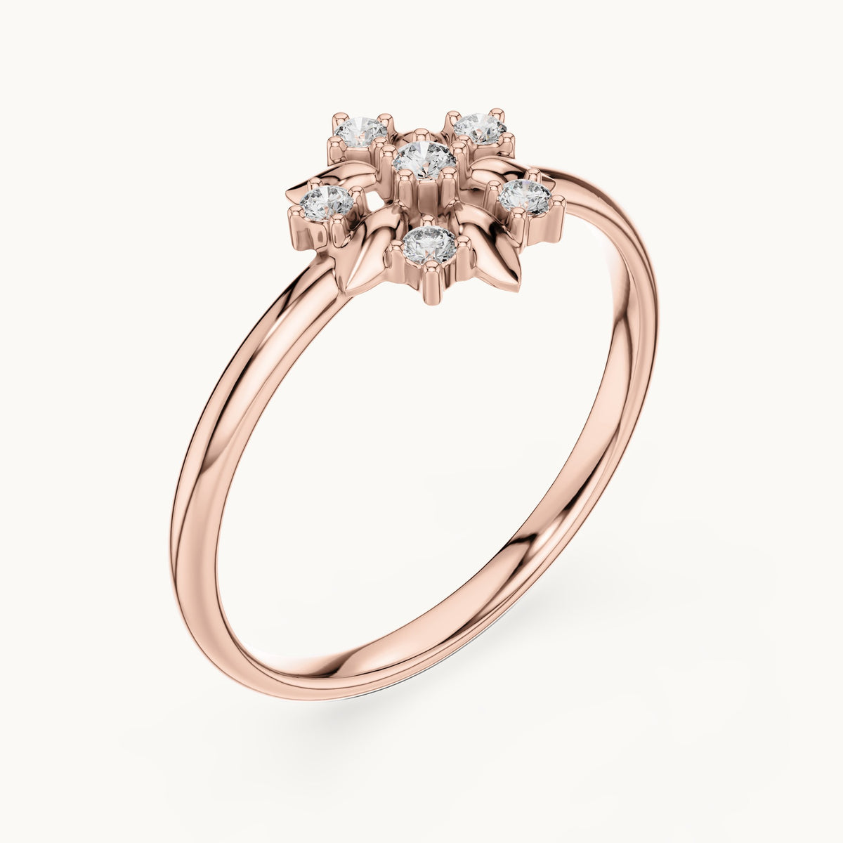 Round lab-grown diamond gold leaf flower cluster ring in rose gold, 0.065 CT TW, view 2