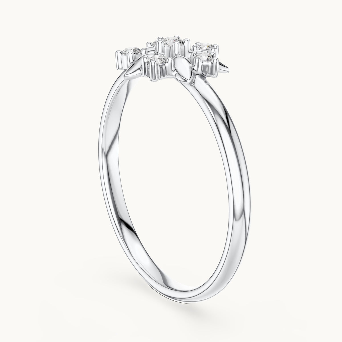 Round lab-grown diamond gold leaf flower cluster ring in white gold, 0.065 CT TW, view 1
