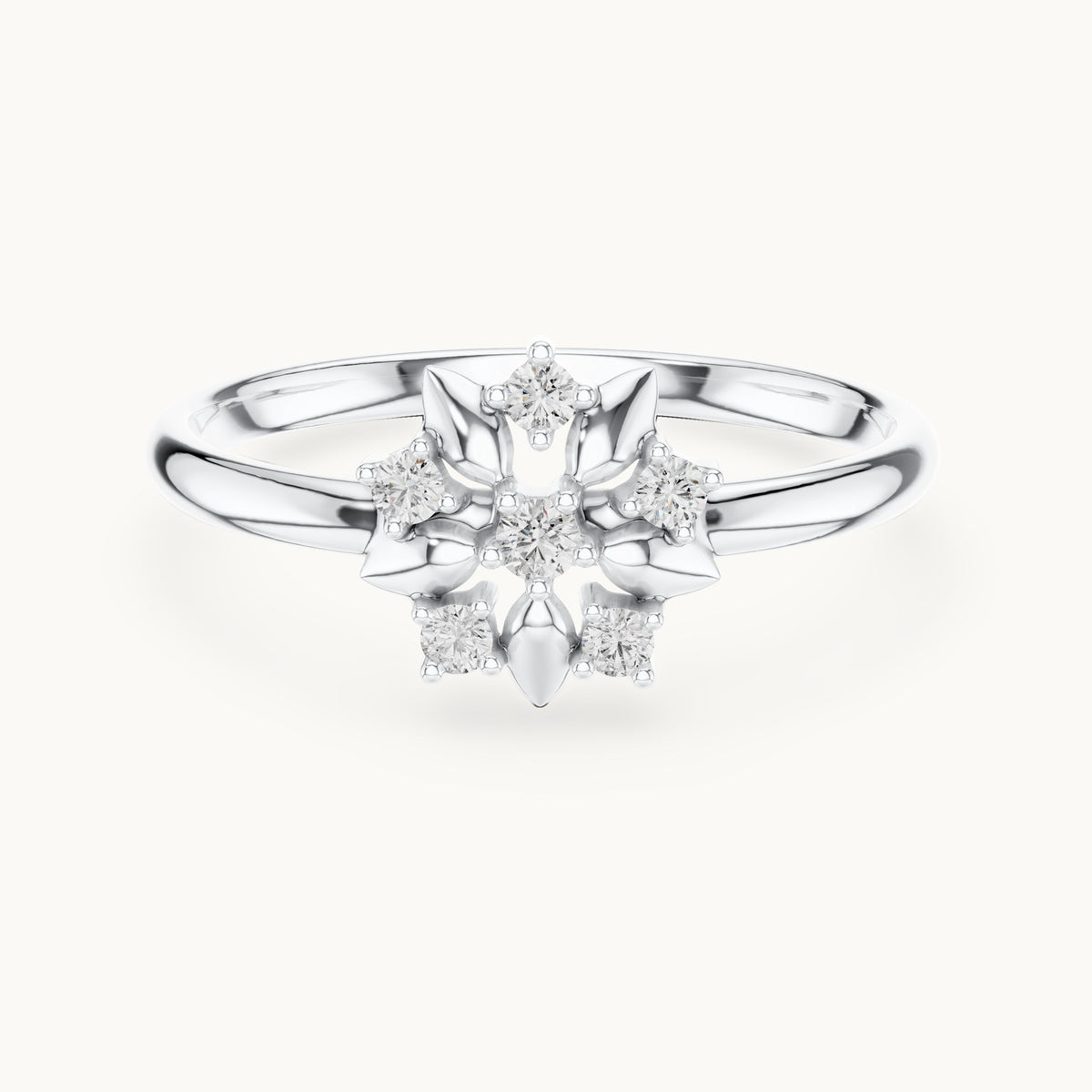 Round lab-grown diamond gold leaf flower cluster ring in white gold, 0.065 CT TW, view 4