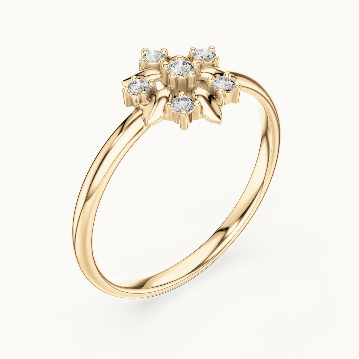 Round lab-grown diamond gold leaf flower cluster ring in yellow gold, 0.065 CT TW, view 2