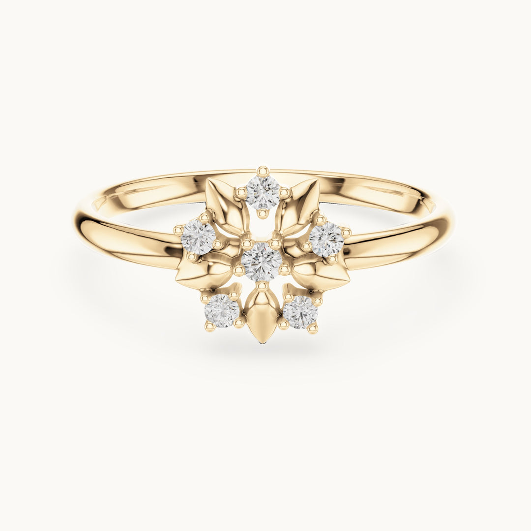 Round lab-grown diamond gold leaf flower cluster ring in yellow gold, 0.065 CT TW, view 4