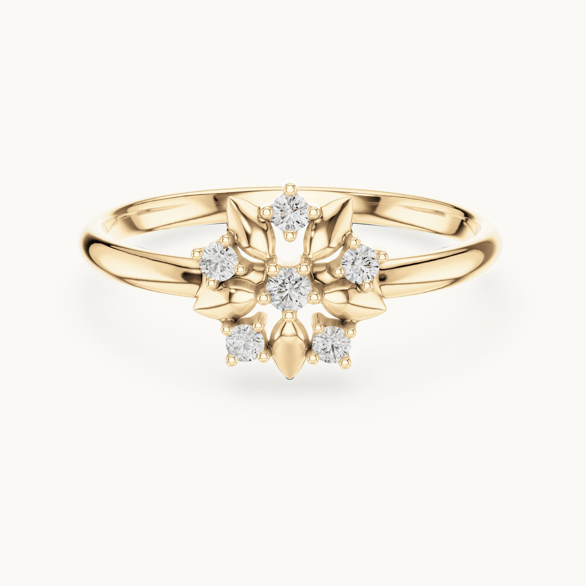 Round lab-grown diamond gold leaf flower cluster ring in yellow gold, 0.065 CT TW, view 4
