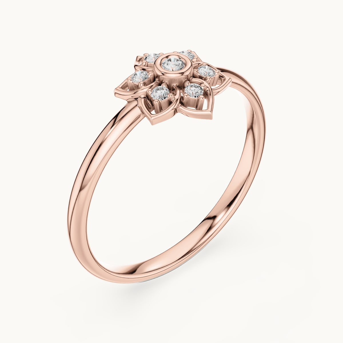 Round lab-grown diamond flower outline cluster ring in rose gold, 0.048 CT TW, view 2