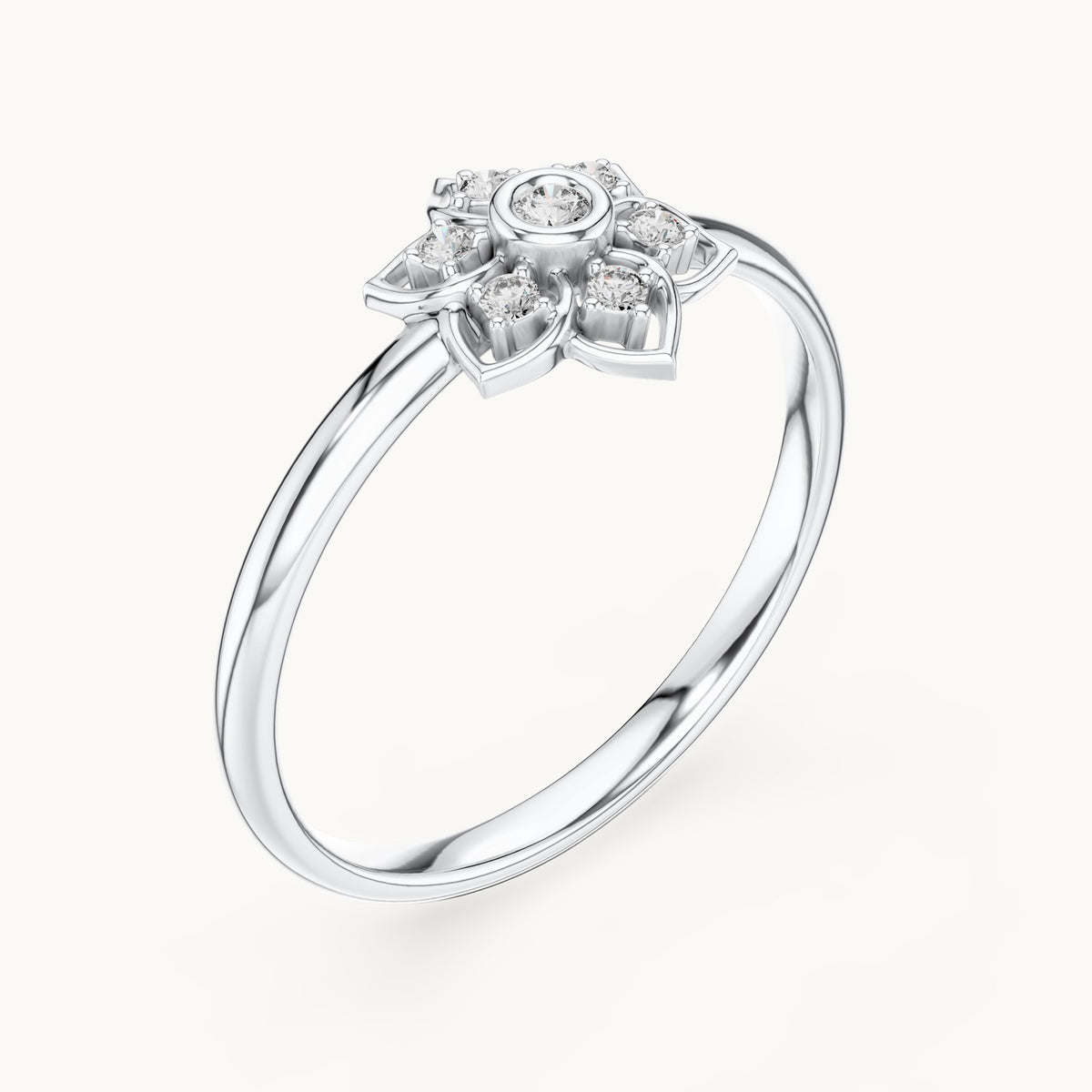 Round lab-grown diamond flower outline cluster ring in white gold, 0.048 CT TW, view 2