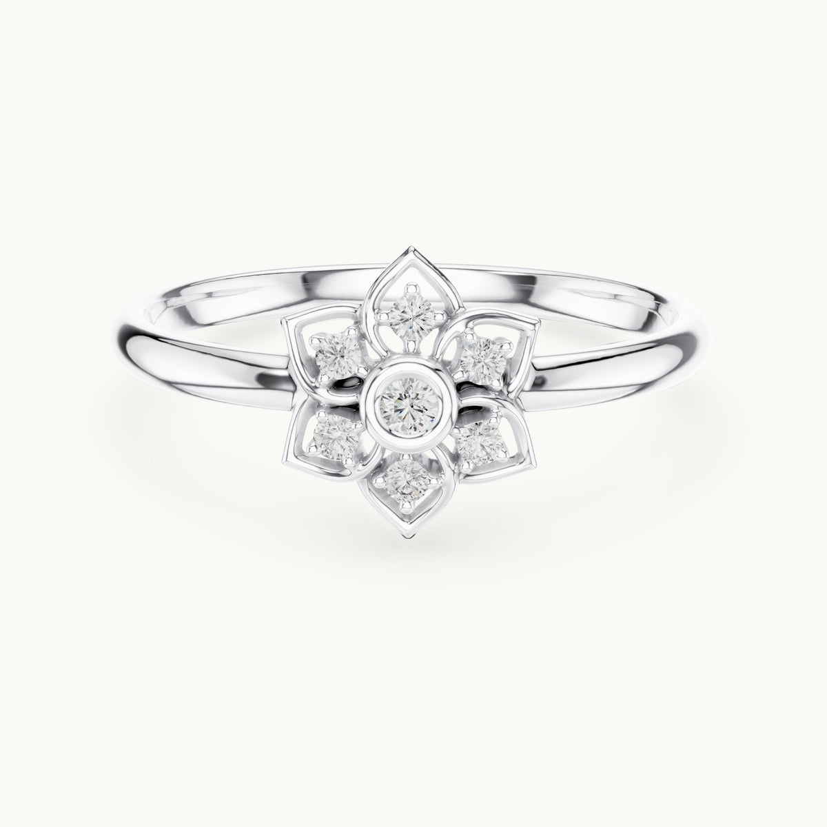 Round lab-grown diamond flower outline cluster ring in white gold, 0.048 CT TW, view 4