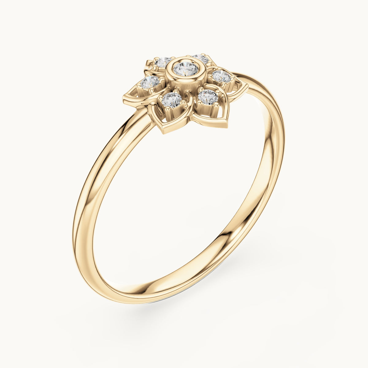 Round lab-grown diamond flower outline cluster ring in yellow gold, 0.048 CT TW, view 2