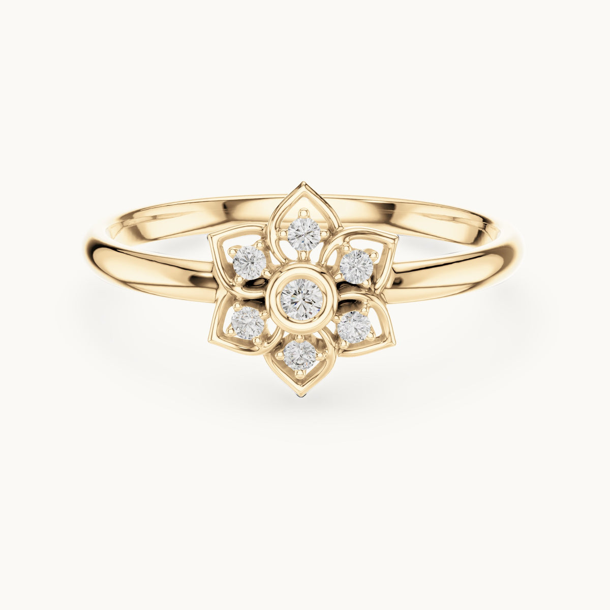 Round lab-grown diamond flower outline cluster ring in yellow gold, 0.048 CT TW, view 4