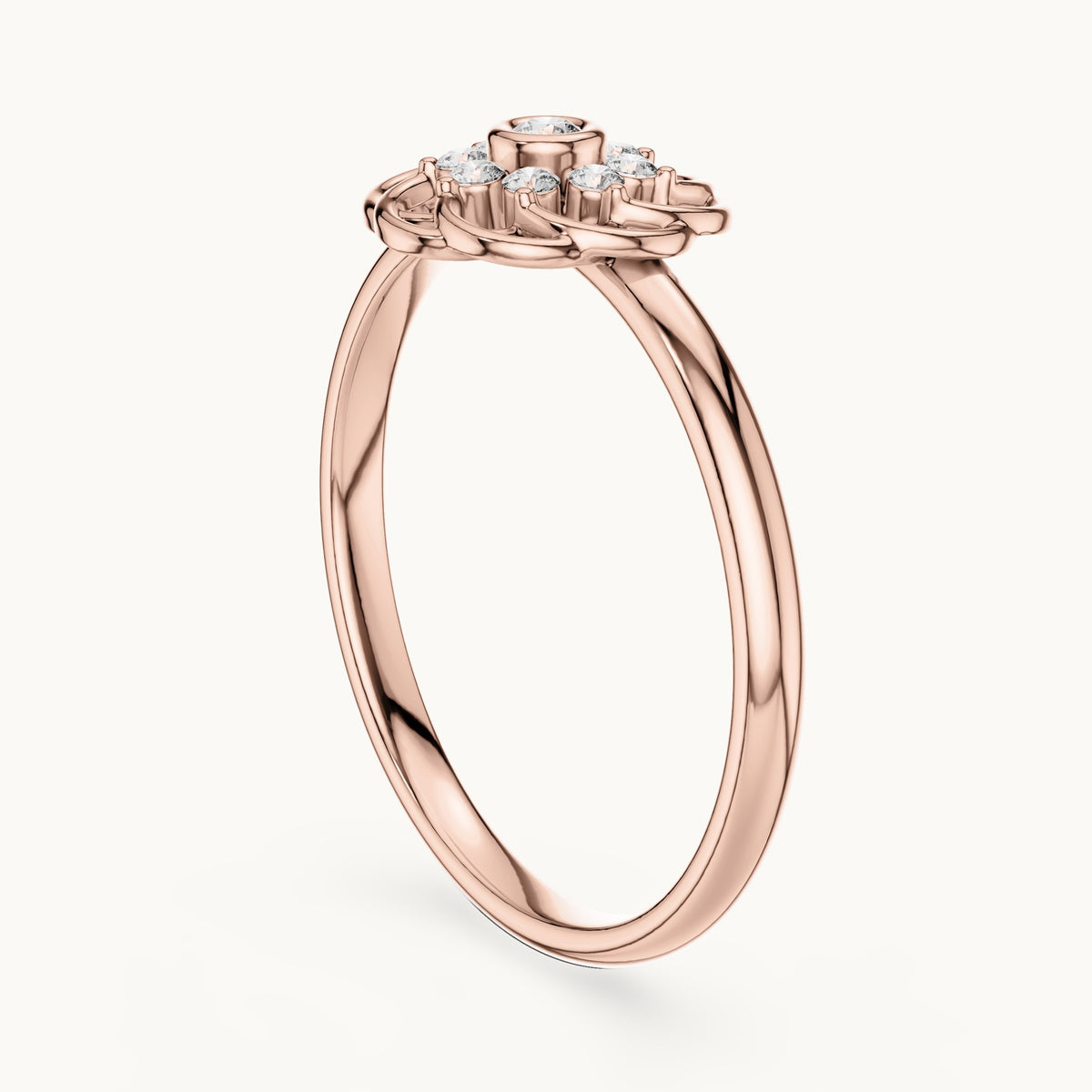 Round lab-grown diamond openwork rosette cluster ring in rose gold, 0.060 CT TW, view 1