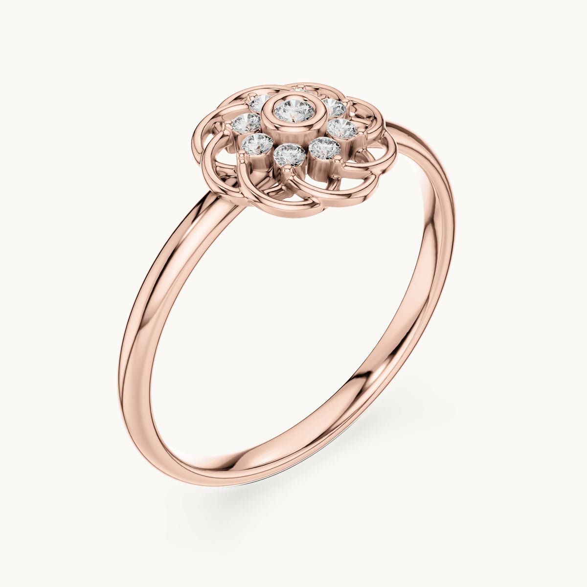 Round lab-grown diamond openwork rosette cluster ring in rose gold, 0.060 CT TW, view 2