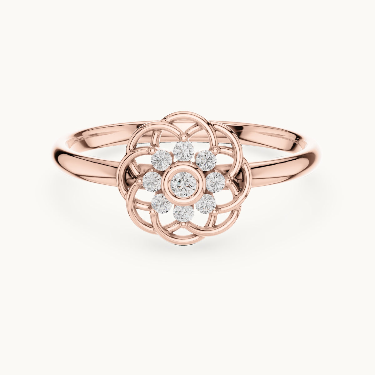 Round lab-grown diamond openwork rosette cluster ring in rose gold, 0.060 CT TW, view 4