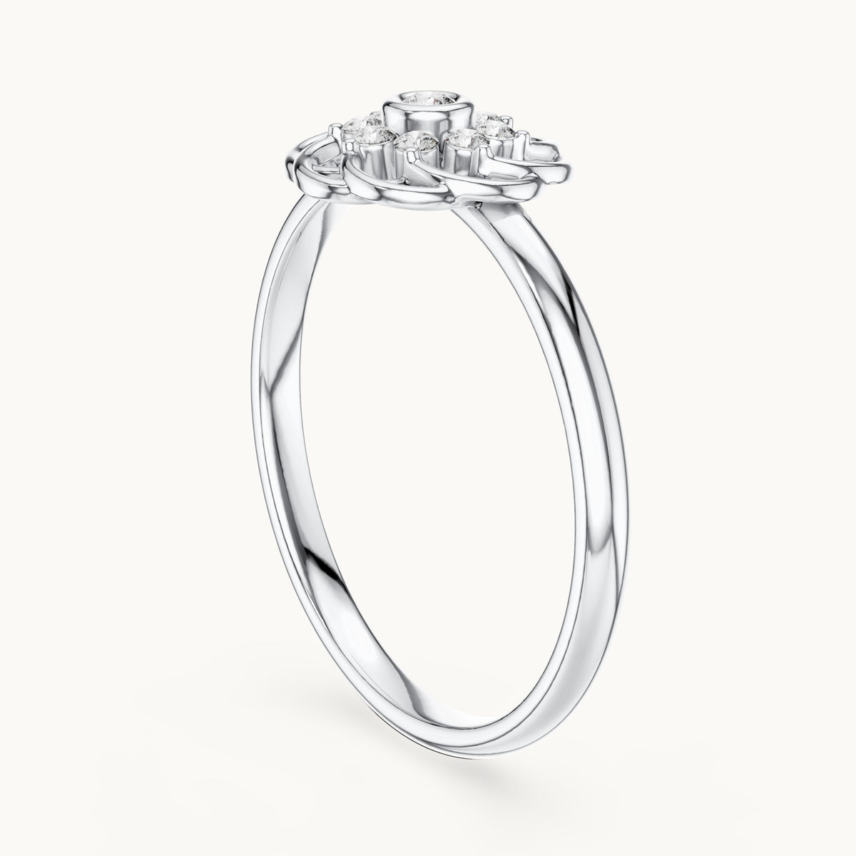 Round lab-grown diamond openwork rosette cluster ring in white gold, 0.060 CT TW, view 1
