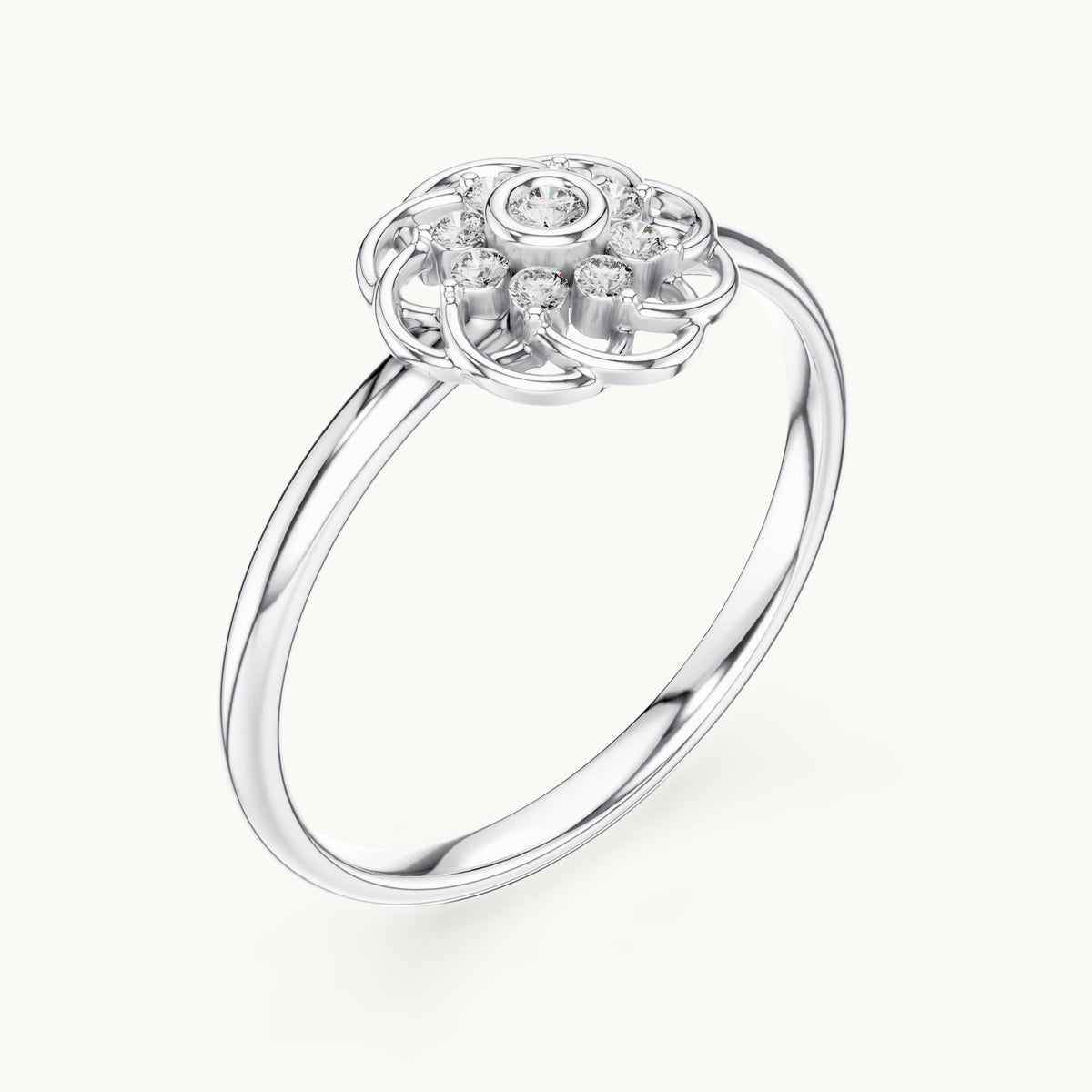 Round lab-grown diamond openwork rosette cluster ring in white gold, 0.060 CT TW, view 2