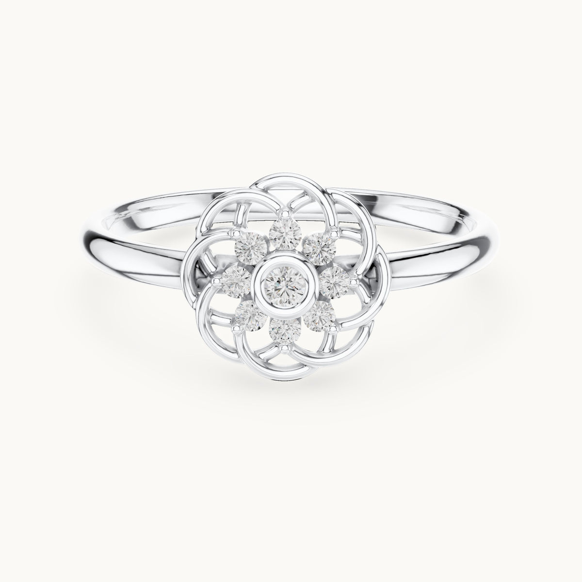 Round lab-grown diamond openwork rosette cluster ring in white gold, 0.060 CT TW, view 4