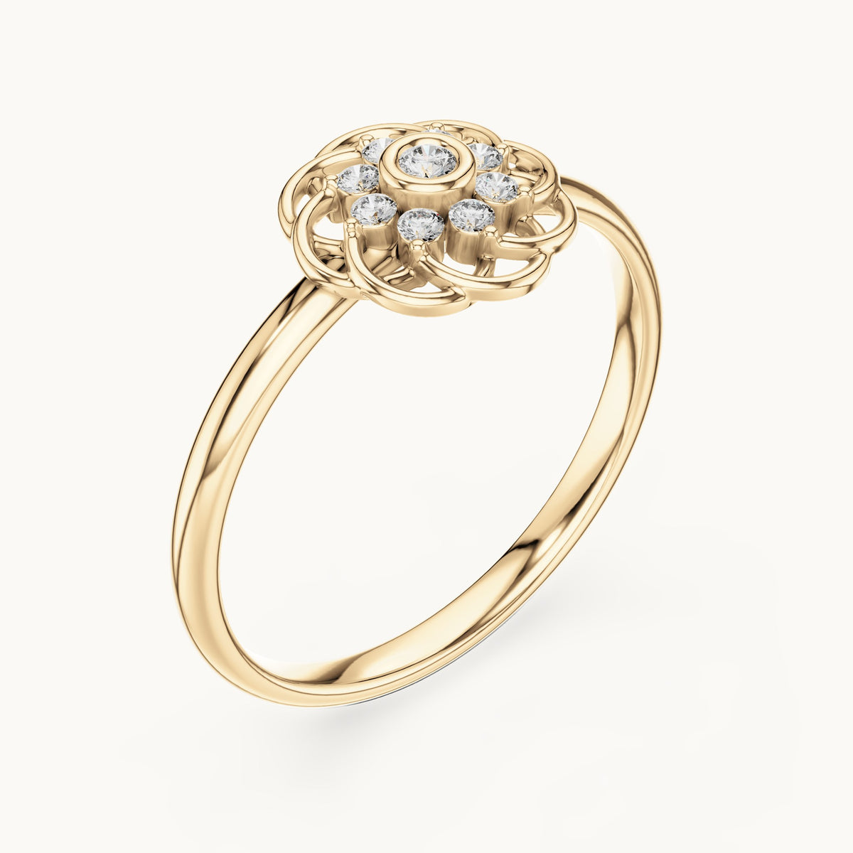 Round lab-grown diamond openwork rosette cluster ring in yellow gold, 0.060 CT TW, view 2