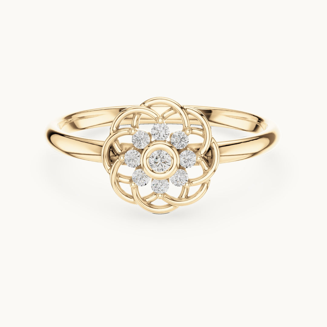 Round lab-grown diamond openwork rosette cluster ring in yellow gold, 0.060 CT TW, view 4