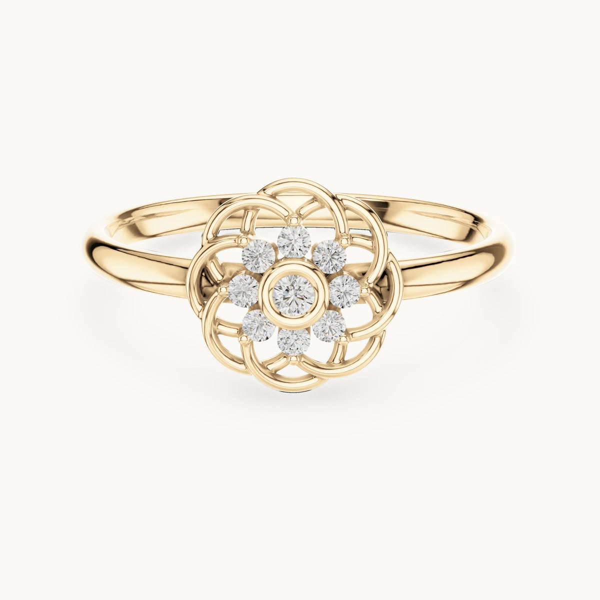 Round lab-grown diamond openwork rosette cluster ring in yellow gold, 0.060 CT TW, view 4