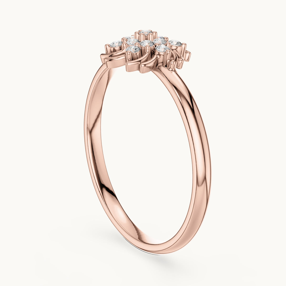 Round lab-grown diamond swirl flower cluster ring in rose gold, 0.078 CT TW, view 1