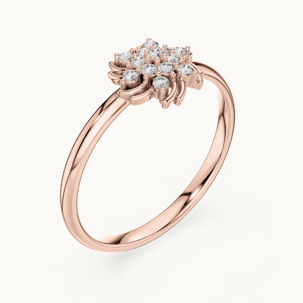 Round lab-grown diamond swirl flower cluster ring in rose gold, 0.078 CT TW, view 2