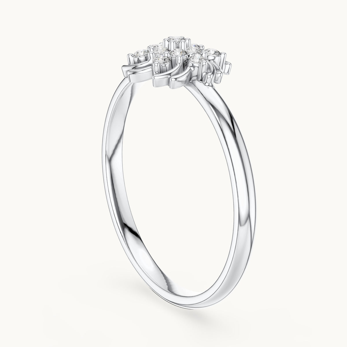 Round lab-grown diamond swirl flower cluster ring in white gold, 0.078 CT TW, view 1