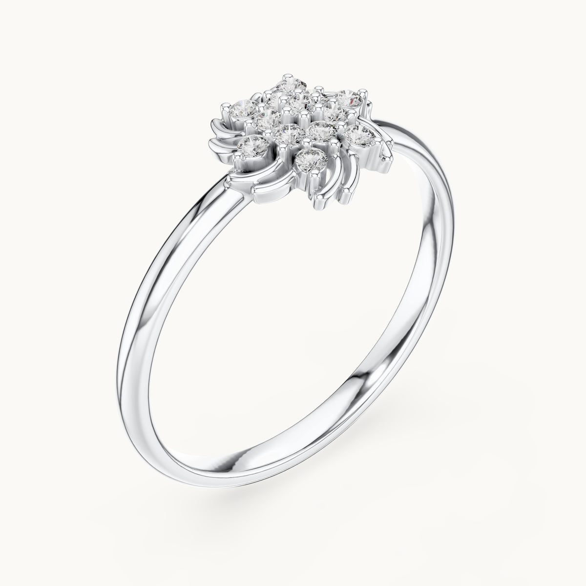 Round lab-grown diamond swirl flower cluster ring in white gold, 0.078 CT TW, view 2