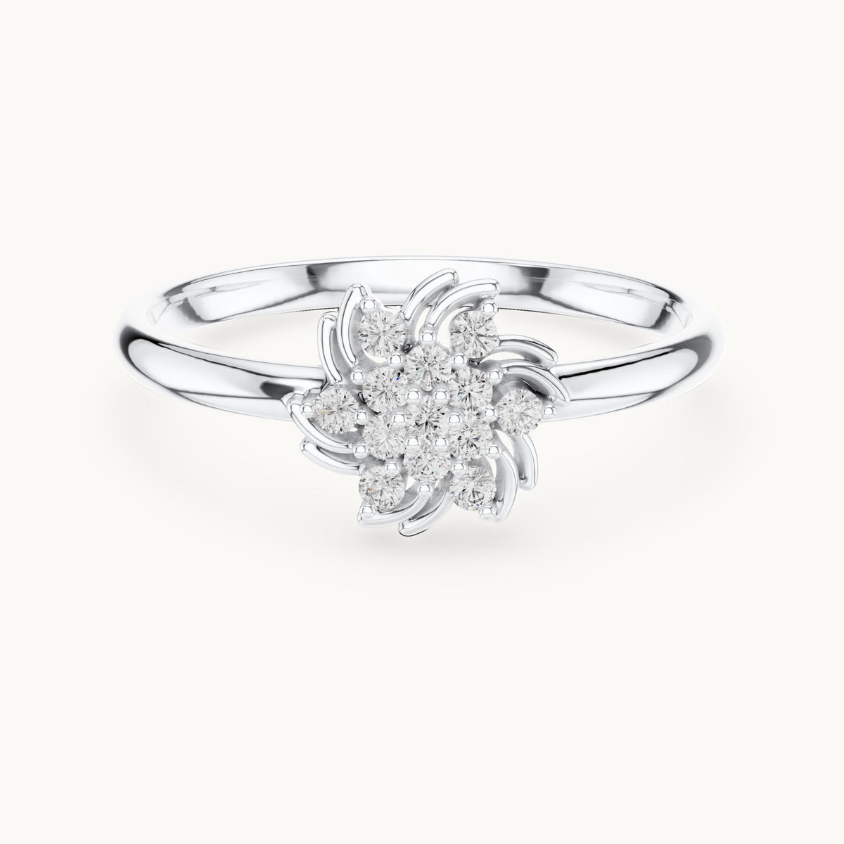 Round lab-grown diamond swirl flower cluster ring in white gold, 0.078 CT TW, view 4