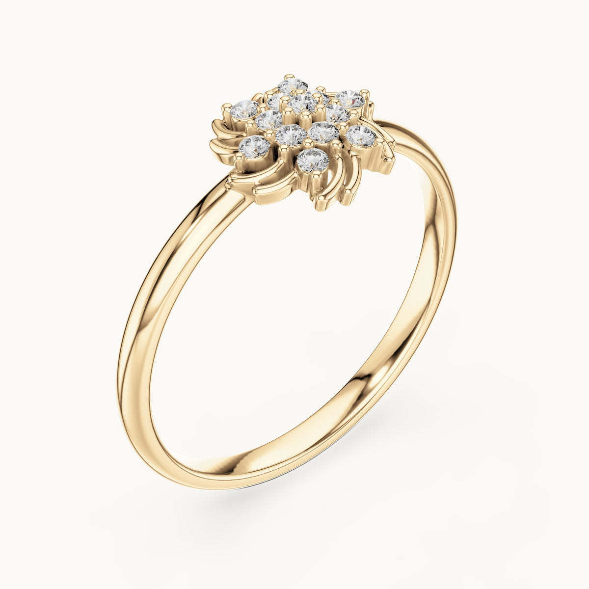 Round lab-grown diamond swirl flower cluster ring in yellow gold, 0.078 CT TW, view 2