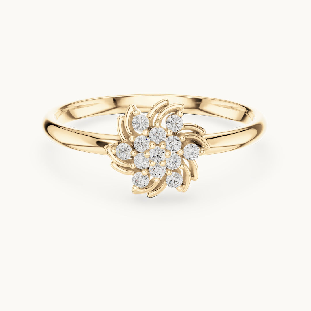 Round lab-grown diamond swirl flower cluster ring in yellow gold, 0.078 CT TW, view 4