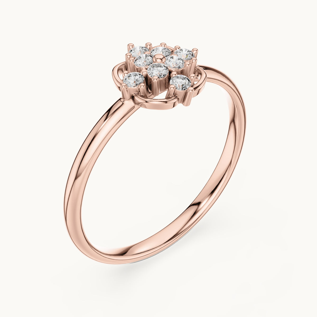 Round lab-grown diamond open flower cluster ring in rose gold, 0.096 CT TW, view 2