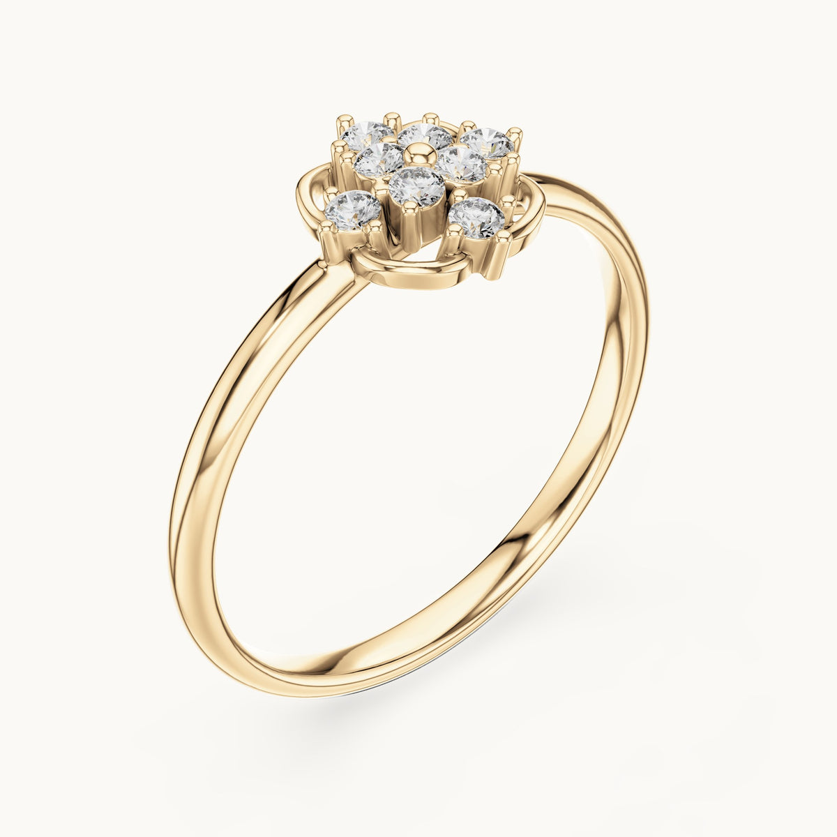 Round lab-grown diamond open flower cluster ring in yellow gold, 0.096 CT TW, view 2